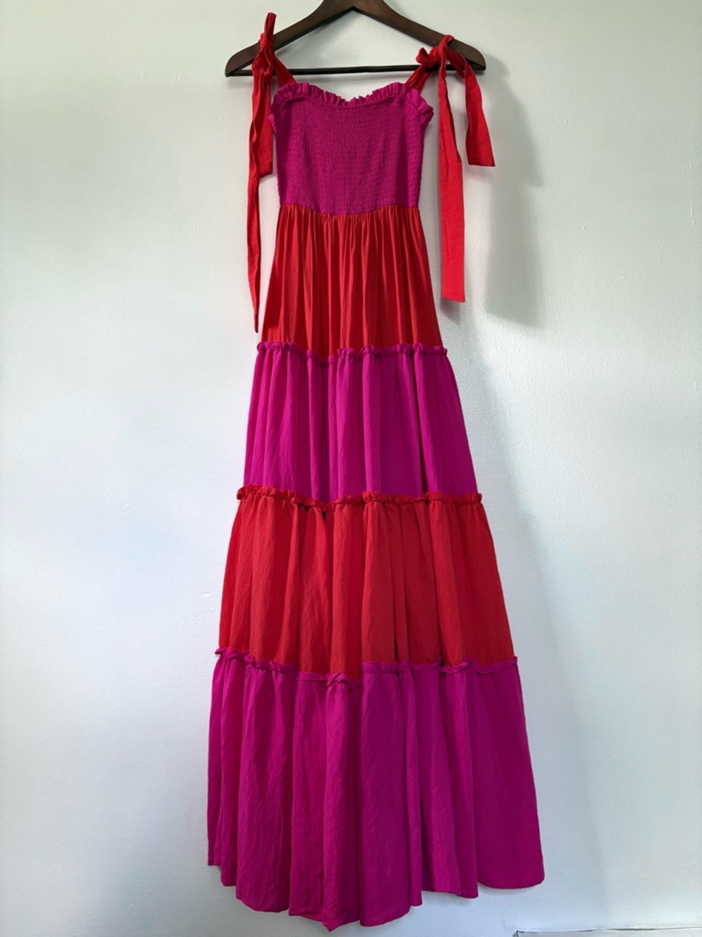 Smocked Tie-Shoulder Maxi Dress in Fuchsia and Coral - Picture 5 of 7